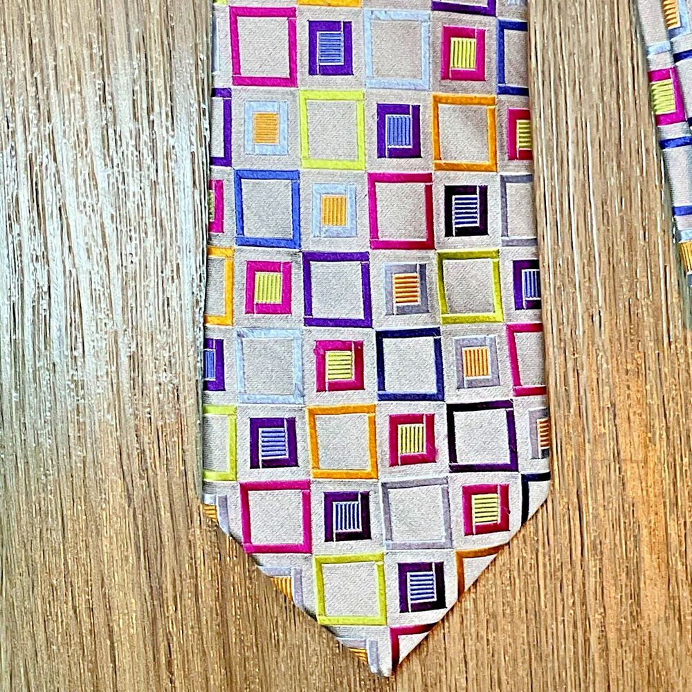 Forsyth Of Canada Silk Tie Necktie Multicolor Square Geometric Embroidered